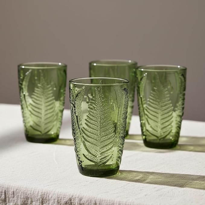 Green Drinking Glasses Set of 8, 12 oz Glass Cups, Vintage Fern Glassware | Hand-Pressed, Dishwasher Safe, Boho Leaf-Textured Drinkware, Embossed Highball Tumblers for Water, Retro Kitchen Gift