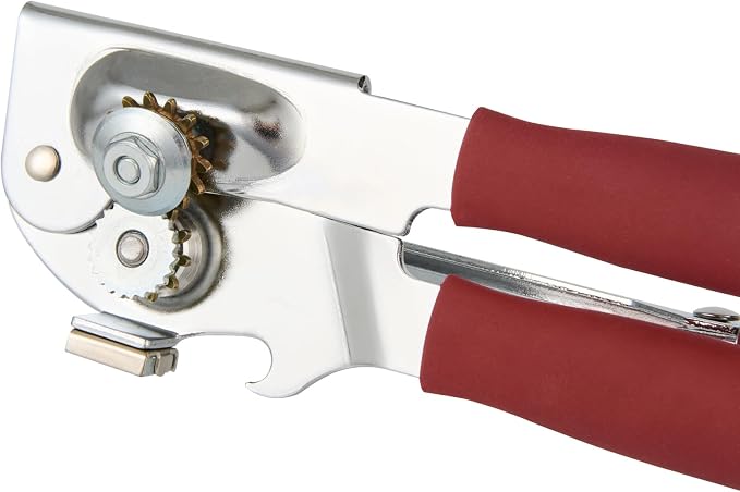 Restaurantware Stainless Steel Magnetic Manual Can Opener - German Standard Red Crank Can Opener with Magnet, Ergonomic Handles, Non-Slip - Heavy-Duty Hand Can Opener, Easy Turn, Sharp Blade