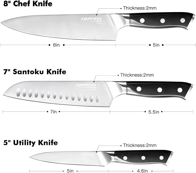 Topfeel 3PCS Chef Knife Set, German High Carbon Steel | Includes 8" chef, 7" santoku & 5" utility knives. Precision forged with full tang. Premium gift packaging for cooks
