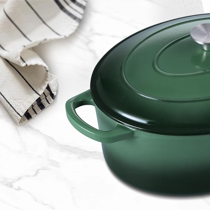 7 Quart Oval Dutch Oven with Lid, Leonyo 7QT Enameled Oval Cast Iron Dutch Oven for Sourdough Bread Breaking, Heavy Duty Cookware for Braising, Stews, Roasting, Emerald