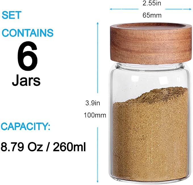 SAIOOL 6 Pcs Small Glass Spice Jars with Label,High Sealing Threaded Mouth,with Black Printed Spice Labels - 8.79oz /260ml*6,Empty Cylinder Spices Bottles,Storage Jars with Airtight Screw Lids | With Label, 8.79oz/260ml