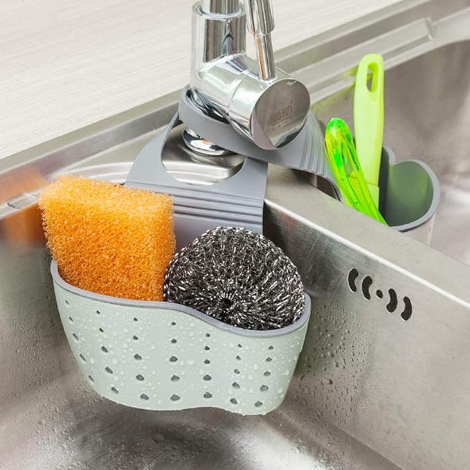 EC ELEGANTCHARM Kitchen Sink Caddy Sponge Holder Silicone Plastic Soap Holder Hanging Ajustable Strap Faucet Caddy with Drain Holes for Drying
