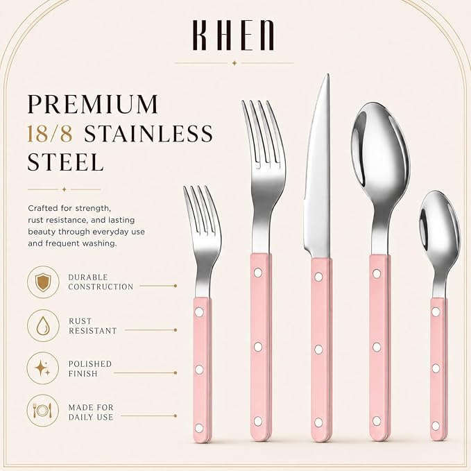 Khen Cutlery Set of 20 Pieces, 18/8 Stainless Steel Flatware, Modern Silverware for Home, Kitchen, Dining & Table Setting for 4, Dishwasher Safe, Lightweight & Ergonomic Design Gift - Pink