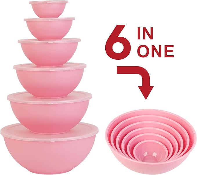 BoxedHome BPA Free Plastic Round Mixing Bowl with Lids, 12 Pack Nesting Bowls with Lids Set, Microwave and Dishwasher Safe Prep & Serving Bowls Great for Mixing, Baking, Serving (Pink, 12pcs)