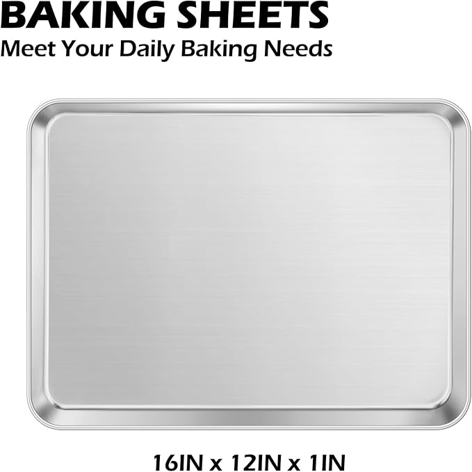 Leonyo Non-Toxic 16x12IN Stainless Steel Baking Sheet Jelly Roll Pan | Commercial-Grade 12x16IN Metal Cookies Sheet Jelly Roll Pan For Baking, Toaster Oven Baking Trays For Food, Dishwasher Safe