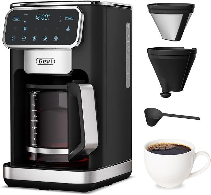 Gevi Touchscreen 12-Cup Coffee Maker, Bold & Iced Brew, Glass Carafe | 12-Cup Drip Brewer, Programmable Timer, 4H Warm Plate, Auto Shutoff, Reusable Filter