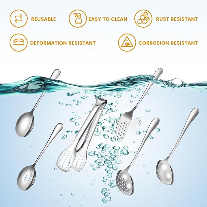 Serving Utensils Set for Partie, Silver Stainless Steel Metal Serveware Large Serving Spoons, Slotted Spoons, Forks, Tongs, Soup and Skimmer Spoon, Cake Server for Buffet, Catering, Entertaining 15pcs