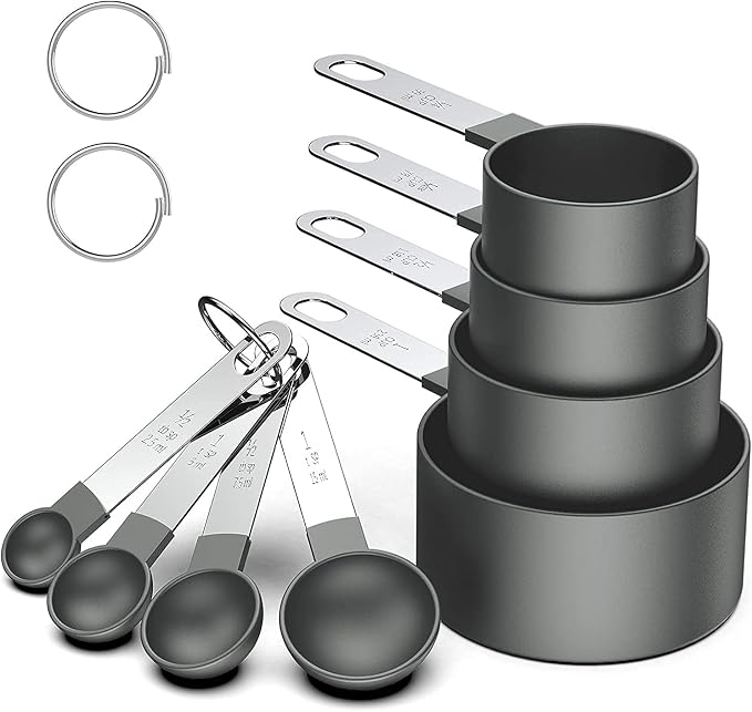 RUNZI 8 Pcs Measuring Cups and Spoons Set, Stackable Black Measuring Spoons for Measuring Dry and Liquid Ingredients Small Teaspoon with Plastic Head,Black