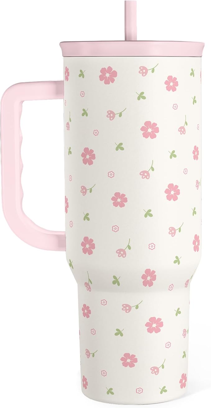 Floral 40oz Tumbler with Handle and Straw – Flowers Insulated Stainless Steel Travel Coffee Mug for Women Girls - Gift Idea for Birthday Christmas Mothers Day