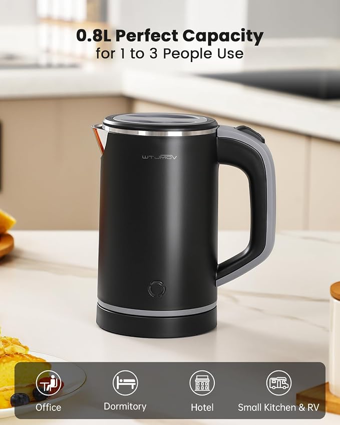Small Kettle Electric, 0.8L Double Wall Portable Travel Kettle with 304 Stainless Steel, 600W Mini Hot Water Boiler with Auto Shut-off, Fast Boil, BPA-Free