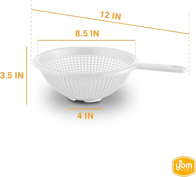 YBM Home 8.5 Inch Deep Plastic Strainer Colander with Long Handle – Made of Food Safe BPA-Free Plastic - Durable and Dishwasher Safe - Use for Pasta, Noodles, Spaghetti, Vegetables and More (1, White)