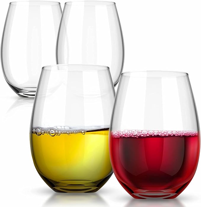 Royalty Art European Stemless Wine Glasses, 4-Piece Set, Clear | Elegant hosting glassware, modern heavy-duty glass crystal, dishwasher safe
