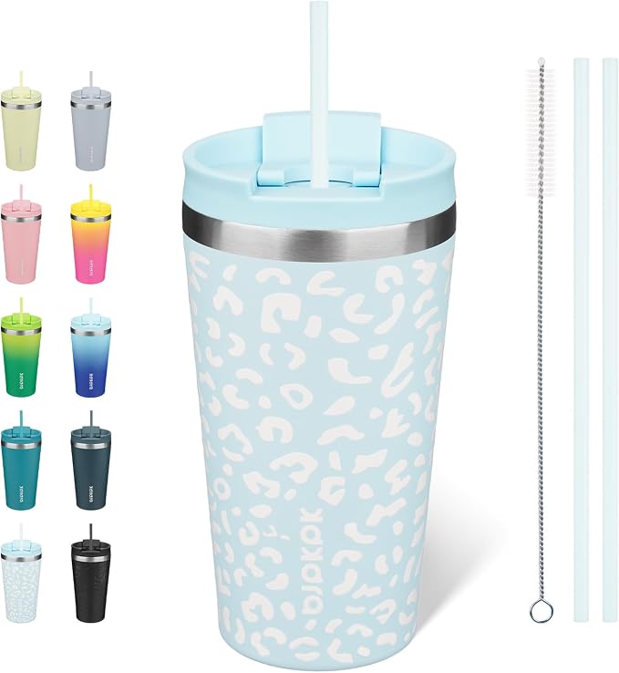 BJPKPK 18 oz Coffee Tumbler with Straw, Insulated Stainless Steel Cup | Double Wall Vacuum, Leak Proof, Keeps Hot/Cold, BPA Free, Cupholder Friendly, Travel, Light Blue Leopard