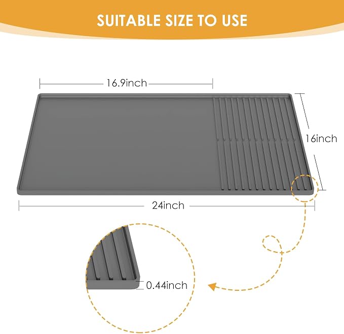 WUDIALIEN Silicone Coffee Mat with Raised Edges, 24'' x 16'' Bar Mat for Countertops, Fits Under Coffee Maker, Espresso Machine, Dish Drying Mat, Gray