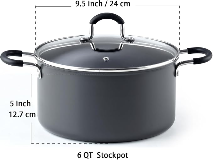Cook N Home Professional Nonstick Stock Pot, Soup pot with Lid, Hard Anodized Soup Pot with Stay-Cool Handles, Cooking Pot for Seafood Boil, Crab, Pasta, Oven Safe, 6-Quart, Black