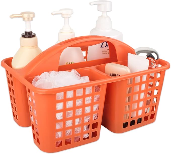 Portable Shower Caddy Basket Plastic Storage Basket with Compartment Orange | Sturdy Large Capacity Cleaning Supplies Organizer Divided Tool Bin for Bathroom Kitchen Bedroom College Dorm Essentials