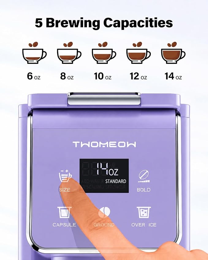 K Cup Coffee Maker, Single Serve Hot & Iced for K-Cup & Grounds | 52oz Removable Reservoir, Single Cup Coffee Maker with Bold Setting, 6-14oz Brew Sizes, Reusable Filter, Compact, Purple