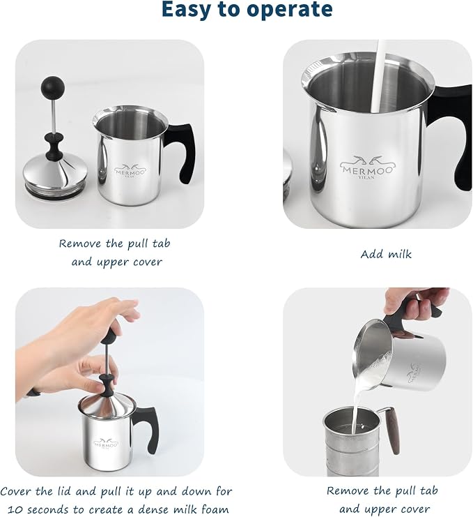 MERMOO YILAN Manual Milk Frother 27oz Stovetop Milk Foamer | for Dairy&Non-dairy milk| Cold&Hot Milk|Not Require Batteries|Thick&Creamy Foam|for Cappuccinos, Lattes, Matcha