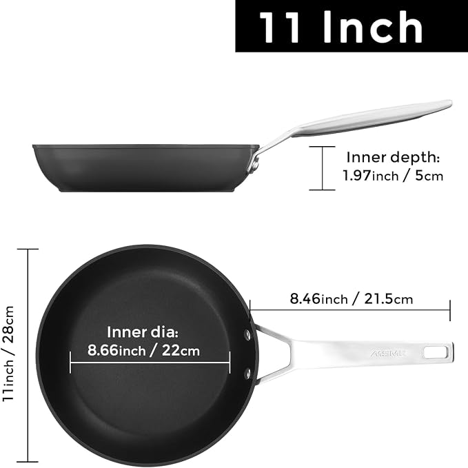 MsMk 11 Inch Nonstick Frying pan, Grey Large Cooking Pan Titanium Skillet | Non Toxic, Even Heating, Easy Clean, Dishwasher & Oven Safe, suitable for gas & electric & induction stoves, PFOA & PFAS Free