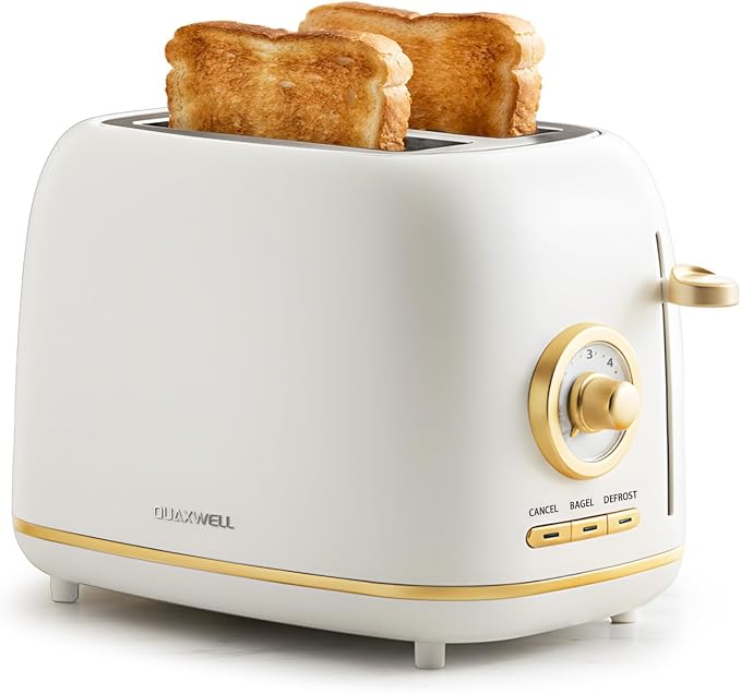 Retro 2-Slice Toaster, Stainless Steel, Matte White and Gold | Wide Slots, 7 Bread Shade Settings, Bagel, Cancel, and Defrost Functions, Removable Crumb Tray, Retro Kitchen Appliances
