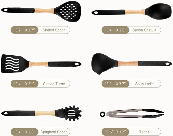 Kitchen Utensils Set - 7 PCS Non-Stick Silicone Cooking Utensils Set Spatula Set with Holder, Wooden Handle Spoon,Tongs,Whisk Kitchen Gadgets Tools Set for Nonstick Cookware (Black-7Max)