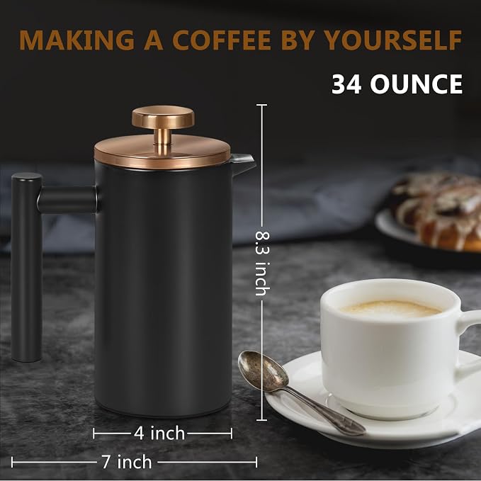 Black Stainless Steel French Press Coffee Maker, Double Wall Insulated French Press,for Coffee&Tea,with 3 Extra Screens and a Coffee Spoon,34oz/1000ml,Gold