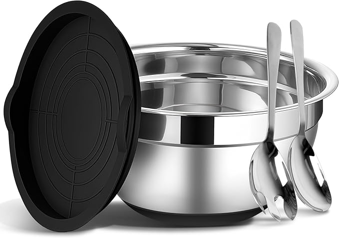 ShineMe Stainless Steel Salad Bowl with Lid, Extra Large Metal Bowl with Serving Utensils for Preparing, Mixing, Marinating, and Serving with Anti-slip Bottom, Unbreakable Kitchen Bowls 7QT