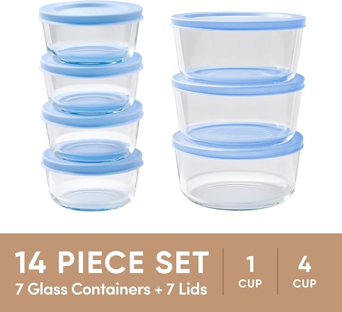 14-Piece Glass Food Storage Containers Set (7 Containers + 7 BPA-Free Lids) | 1-Cup & 4-Cup, Leakproof | Microwave, Freezer, Oven & Dishwasher Safe | Ideal for Meal Prep & Pantry Organization, Blue