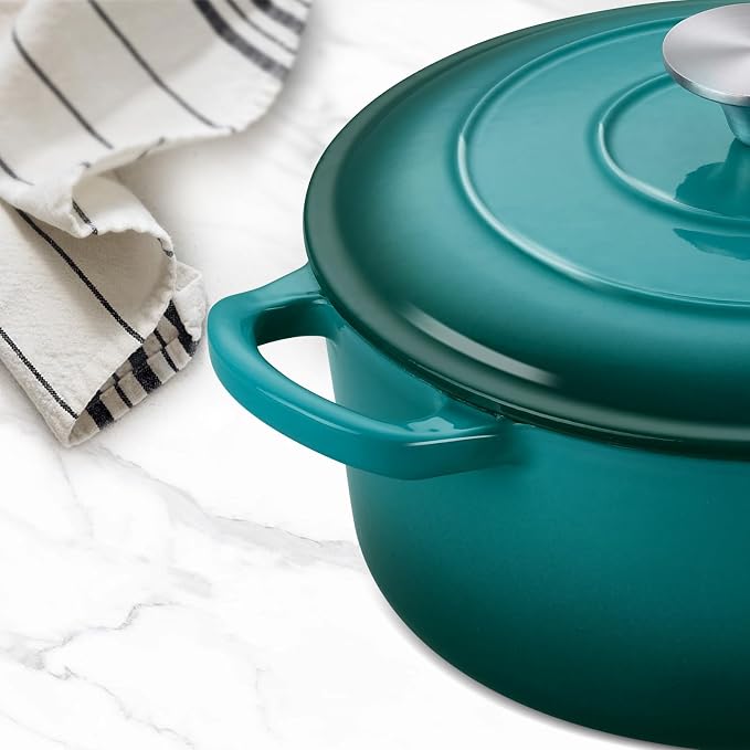 3QT Dutch Oven Pot with Lid, Leonyo 3 Quart Enameled Cast Iron Dutch Oven for Sourdough Bread Baking, Heavy Duty Cookware for Braising, Stews, Roasting, Lake Green