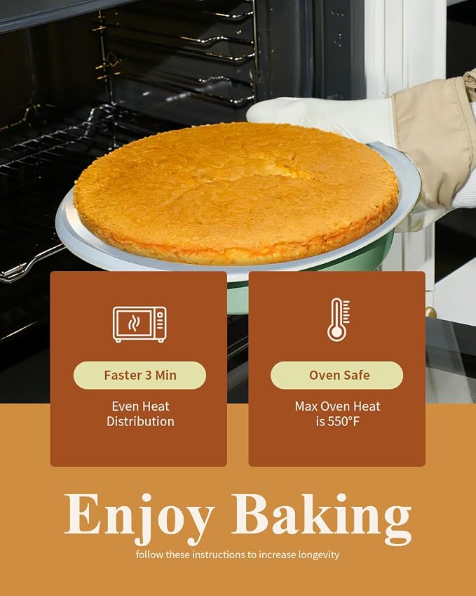 9 Inch Nonstick Ceramic Round Cake Pan with Handle, Pistachio Green | PFOA/PFAS/PTFE-free aluminized steel, ceramic coated. Oven safe 550°F, dishwasher safe. For cakes, cheesecakes & brownies