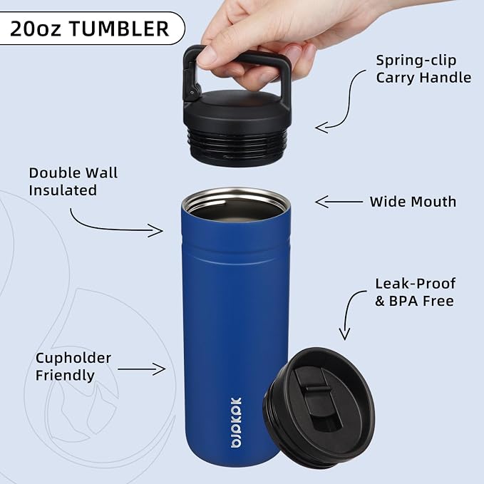 BJPKPK 20 oz Insulated Travel Water Bottle, Coffee Tumbler Stainless Steel | Double Wall Vacuum, Leakproof, Thermal, Keeps Hot/Cold, Dishwasher Safe, Spill Proof, Wide Mouth, 2 Lids, Sapphire Blue