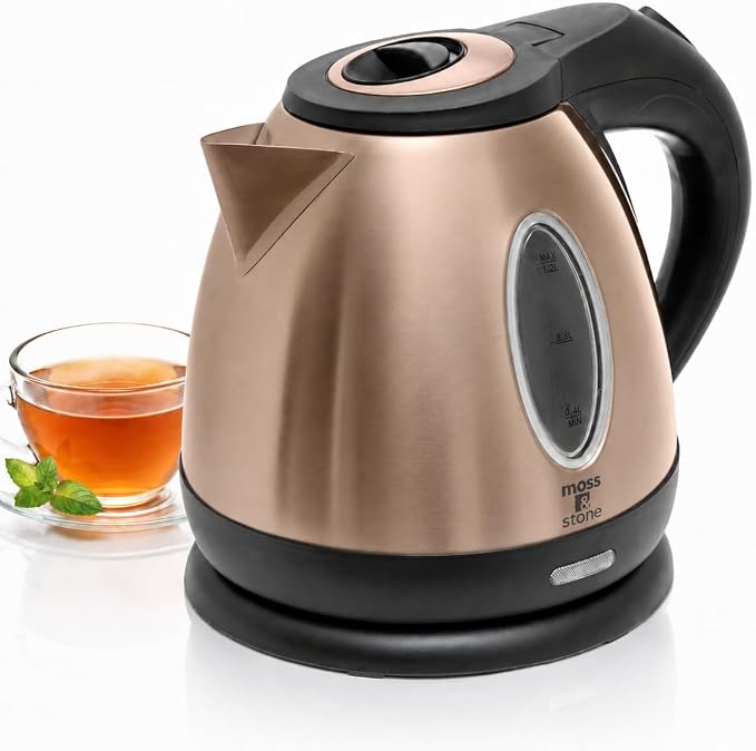 Moss & Stone Stainless Steel Electric Kettle, 1.2L Cordless 1500W | Small, portable hot water tea kettle, fast boiling pot, boil-dry protection, auto shut-off, blue Illuminate LED light