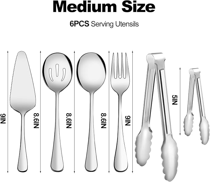 Serving Utensils,XEVOM 6-Piece Stainless Steel Serving Utensil Set Silver | Include Serving Spoon, Slotted Serving Spoon, Serving Fork,Serving Tong, Appetizers Tong,Pie Server,dishwasher safe