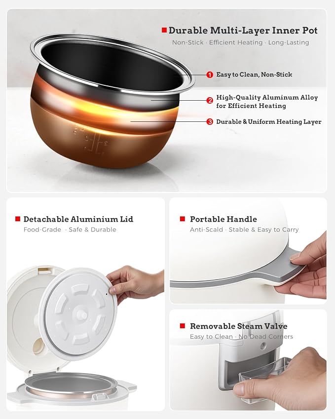 TLOG Low Carb Rice Cooker, 4-Cup Uncooked, 2L, 5 Presets, 24H Timer | 304 stainless steel steamer basket, automatic keep warm, low-sugar cooking, for rice, grains and everyday meal prep