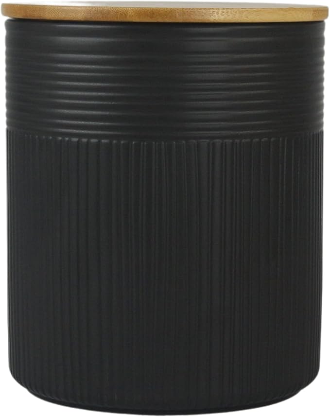 10 Strawberry Street Luca Matte Black Embossed Ceramic Kitchen Canister Set, Set of 3, Bamboo Lids