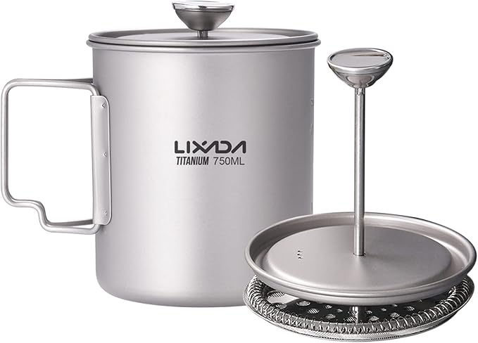LIXADA Titanium French Press Coffee Maker, 750ml, Corrosion Resistant, Foldable Handle, Outdoor Camping Cooking Pot