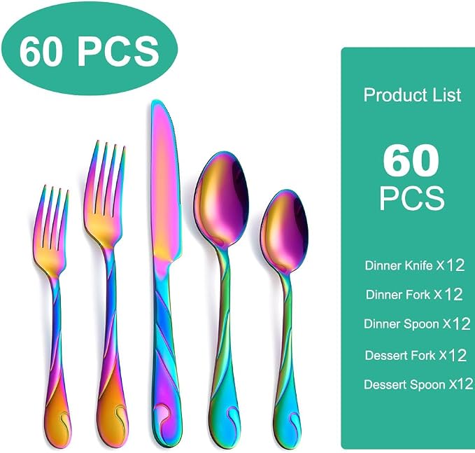 Rainbow Silverware Set for 12, 60-Piece Stainless Steel Flatware Set, Shiny Rainbow Metal Cutlery Set, Include Fork, Knife and Spoon Set, Dishwasher Safe