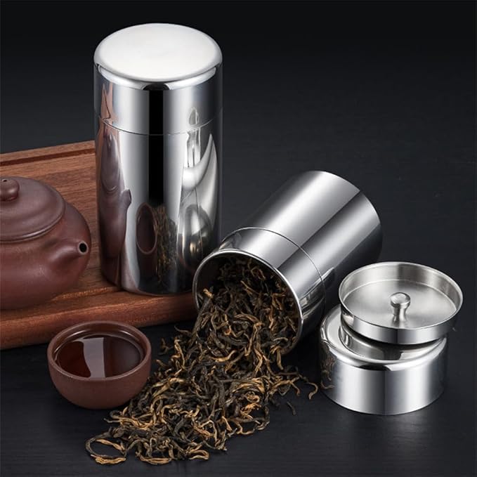 Tyenaza Tea Canister, Double Seal Stainless Steel Tea Tin Canister with Airtight Double Lids for Loose Tea Coffee Candy Herbs and Spices Storage(l)