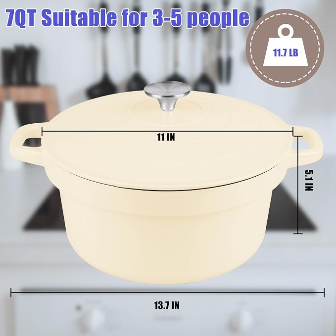 7QT Dutch Oven Pot With Lid, Enameled Cast Iron Dutch Ovens for Sourdough Bread Baking, Non-Stick Ceramic Dutch Oven Cooking Pot, Oven Safe, White (10 Pcs Bread Paper Liners)
