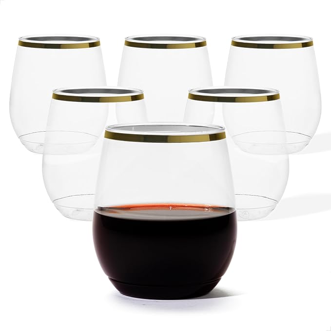 TOSSWARE POP 14oz Stemless Gold Rim Wine Glass Set of 48, Premium Quality, Recyclable, Unbreakable & Crystal Clear Plastic Wine Glasses