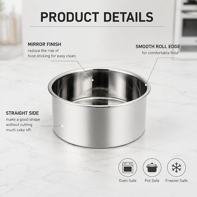 TeamFar 4 Inch Cake Pan, 8 Pcs Stainless Steel Round Baking Cake Pans Set | Layer Cake Baking Pans Set for Baking Steaming Serving, Healthy & Sturdy, Mirror Finish & Dishwasher Safe