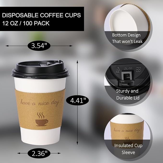 BYSNOW 100 pack 12 oz Disposable Coffee Cups with Lids Thickened Hot Cups | Scald Resistant Hot Cup with Sleeves and Stirring Sticks, To Go Coffee Cups for Home, Office, Cafes and Party (White 12oz)