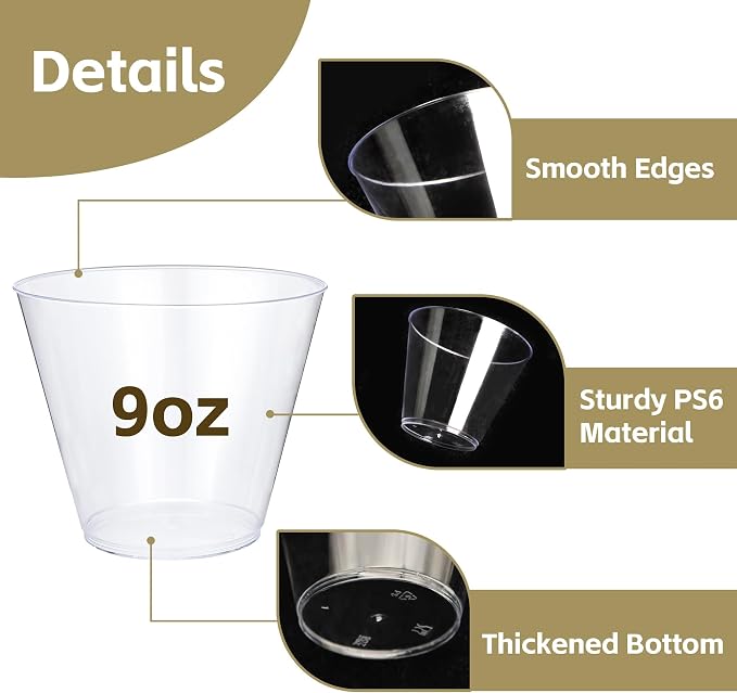 Byvivace 100Counts 9 OZ. Clear Plastic Cups Old fashioned Party Cups, Sturdy Plastic Wine Glasses Disposable Cups for Wedding Party