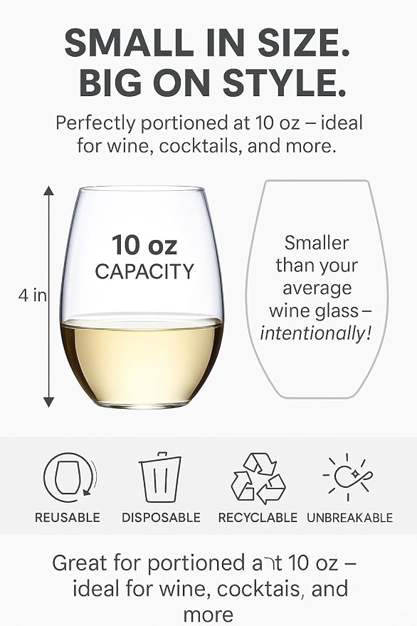 48 Pack Disposable Plastic Stemless Wine Glasses 10 oz, Clear Unbreakable | Shatterproof BPA-Free Cocktail Cups, Reusable Recyclable Wine Cups for Wedding Party Birthday, Outdoor Events