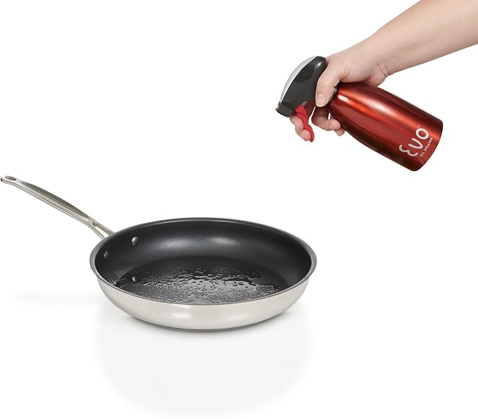 Evo Oil Sprayer Bottle, Non-Aerosol for Olive Oil and Cooking Oils, 18/8 Stainless Steel, Red, 16-ounce Capacity