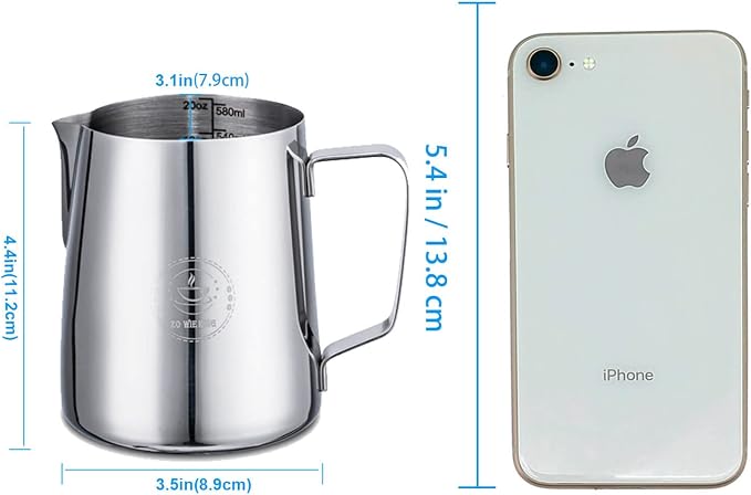 20oz Milk Frothing Pitcher, Stainless Steel Espresso Steamer Frother Cup | 600ml metal jug includes professional latte art decorating pen; top barista accessories for perfect coffee cappuccino making