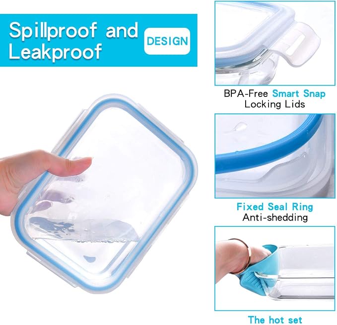 20 Pc Glass Food Storage Containers with Snap Lock Lids, Airtight & Leakproof, Bonus 2 Oven Silicone Gloves, Safe for Dishwasher, Oven, Microwave,Freezer, BPA Free