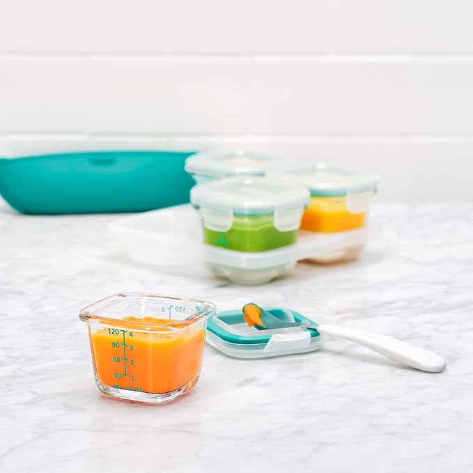 OXO Tot Glass Baby Blocks Food Storage Containers, Teal, 4 oz