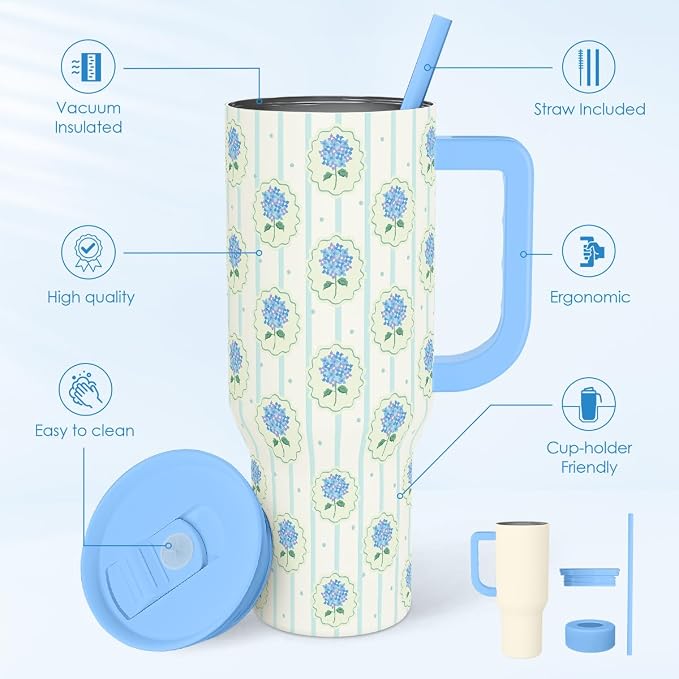 SANDJEST Hydrangea 40oz Tumbler with Handle and Straw, Floral Insulated Stainless Steel Travel Coffee Mug for Women Girls, Gift Idea for Birthday Christmas Mothers Day