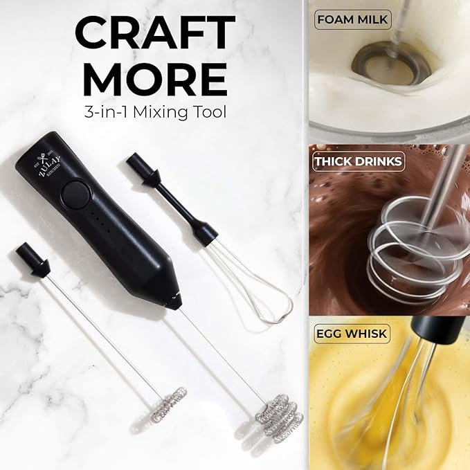 Zulay Kitchen Rechargeable Milk Frother Handheld - Frother Wand, Drink Mixer, Electric Whisk Frother, for Cappuccinos, Matcha & Protein Powder - Dynamic 3 Whisk, 3 Speed 500mAh Black